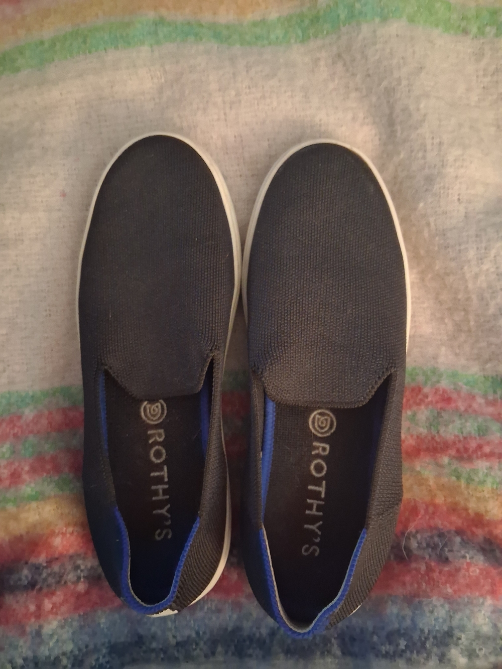 Rothy's Women's Black Slip-On Sneakers - Navy & White Stripe Down Back